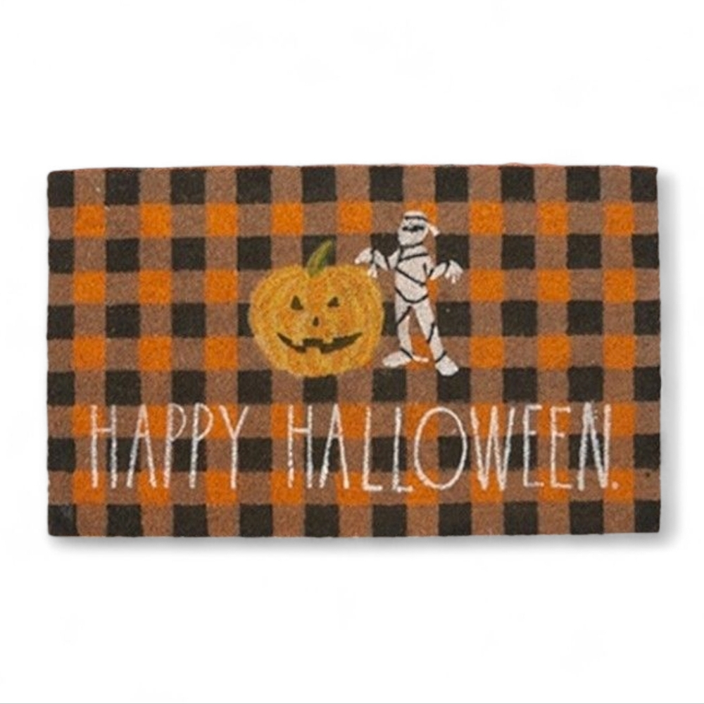 Rae Dunn Halloween‎ Checkered Coir Doormat Orange and Black Mummy Pumpkin